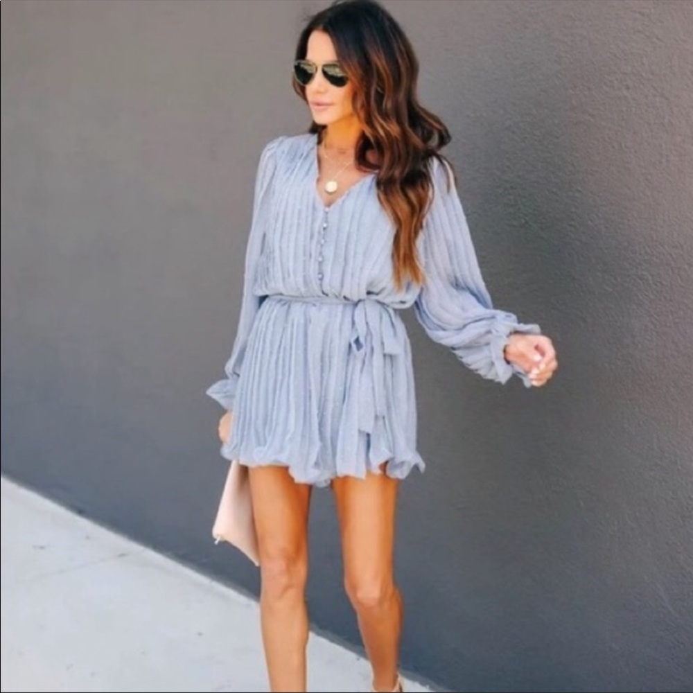 Trendy Swiss Dot Light Blue Pleated Romper